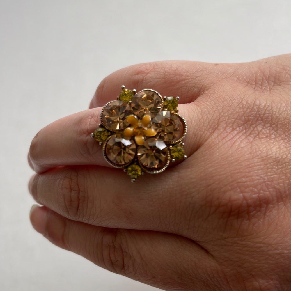 Brown & Yellow Rhinestone Adjustable Flower Ring